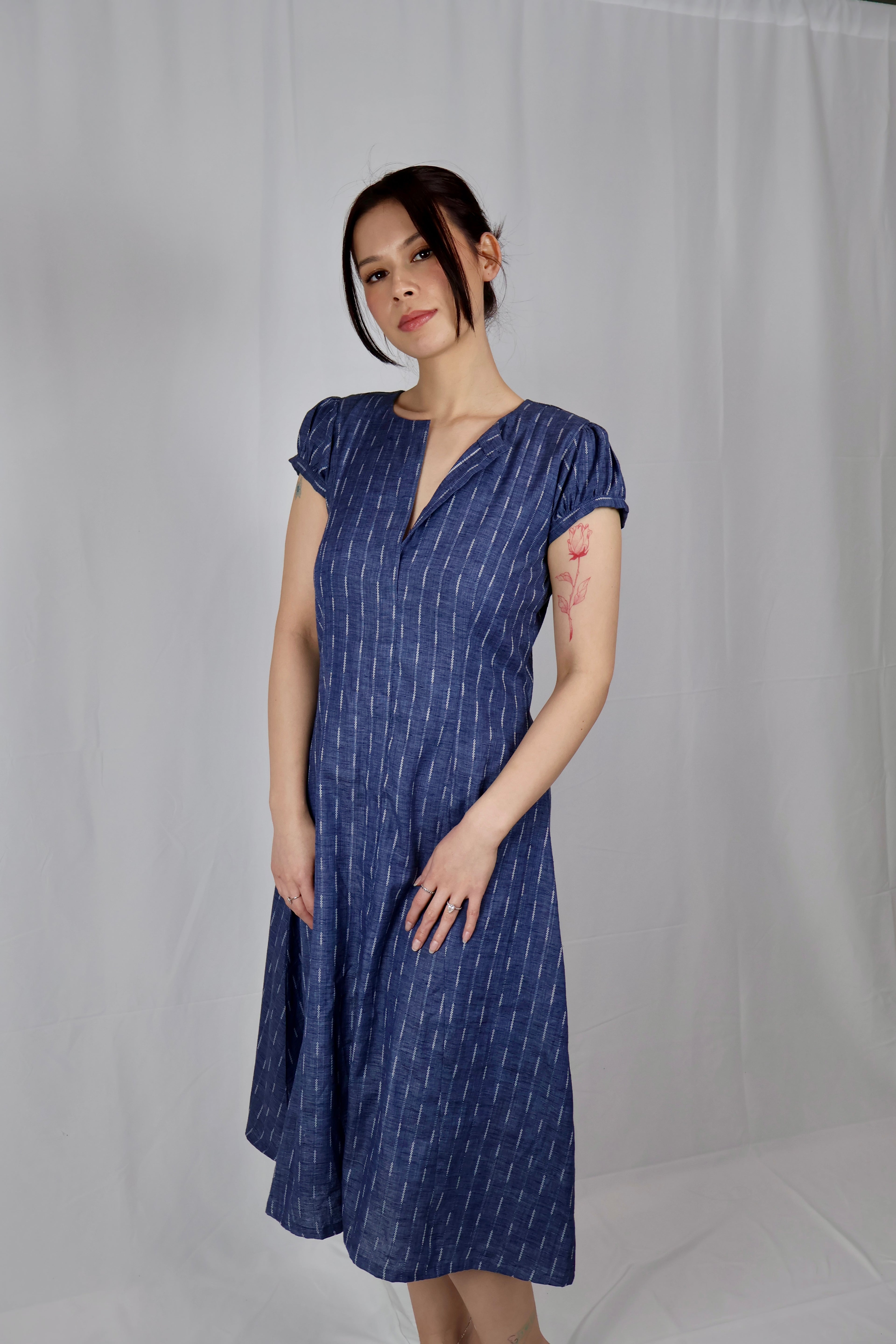 Indigo Jacquard Cotton Midi Dress